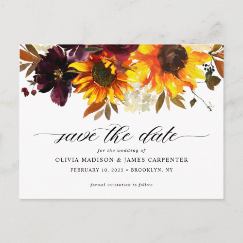 Rustic Fall Sunflower Floral Wedding Save the Date Announcement Postcard