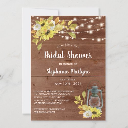 Rustic Fall Sunflower Lantern Lights Bridal Shower Invitation