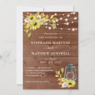 Rustic Fall Sunflower Lantern Lights Wood Wedding Invitation