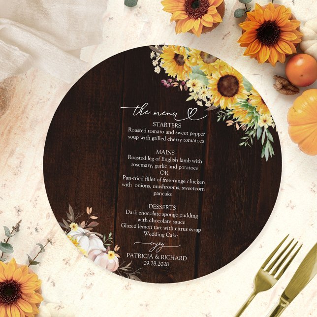 Rustic Fall Sunflower Pumpkin Circle Wedding Menu Invitation (Creator Uploaded)