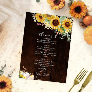 Rustic Fall Sunflower White Pumpkin Wedding Menu Invitation