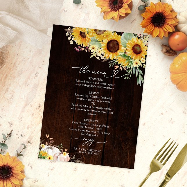 Rustic Fall Sunflower White Pumpkin Wedding Menu Invitation (Creator Uploaded)