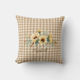Rustic Fall Sunflowers Brown Gingham Personalized  Throw Pillow