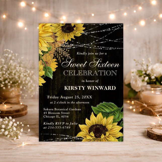 Rustic Fall Sunflowers Wood and Lights Sweet 16 Invitation (Creator Uploaded)