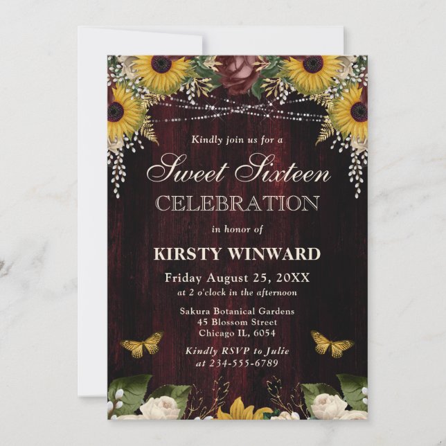 Rustic Fall Sunflowers Wood and Lights Sweet 16 Invitation (Front)