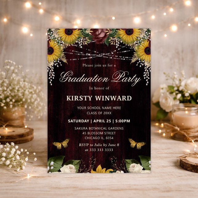 Rustic Fall Sunflowers Wood Lights Graduation Invitation (Creator Uploaded)