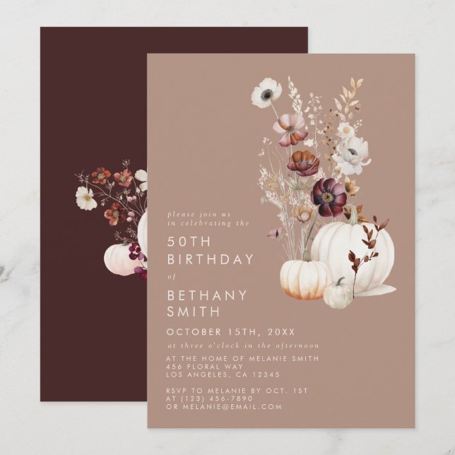 Rustic Fall Taupe Floral Pumpkin Birthday Party Invitation (Front/Back)