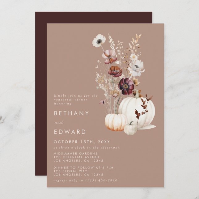 Rustic Fall Taupe Floral Pumpkin Rehearsal Dinner Invitation (Front/Back)