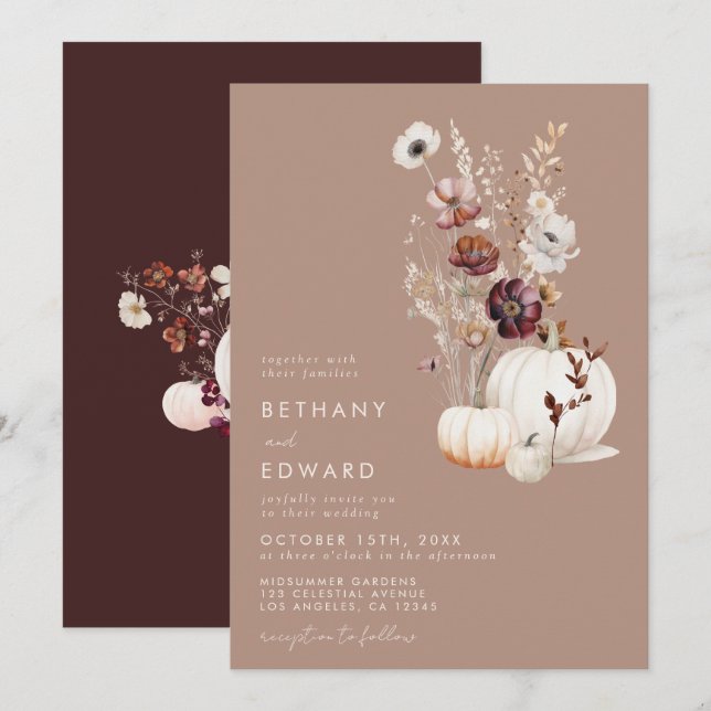 Rustic Fall Taupe Floral Pumpkin Wedding Invitation (Front/Back)