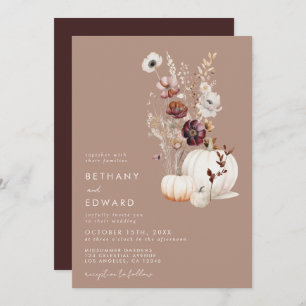 Rustic Fall Taupe Floral Pumpkin Wedding Invitation