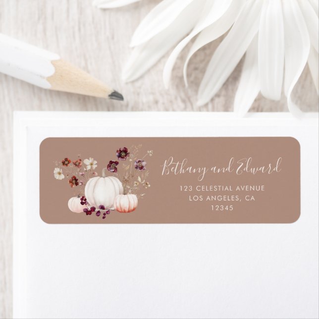 Rustic Fall Taupe Floral Pumpkin Wedding Label (Insitu)