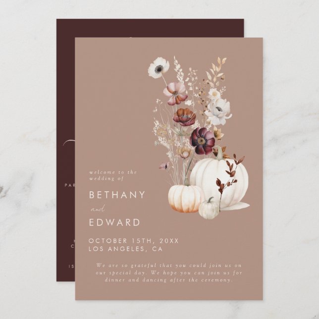 Rustic Fall Taupe Floral Pumpkin Wedding Program (Front/Back)