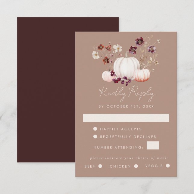 Rustic Fall Taupe Floral Pumpkin Wedding RSVP Card (Front/Back)