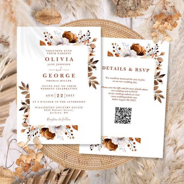 Rustic Fall Terracotta Floral QR Code Wedding Invitation (Rustic Fall Terracotta Floral QR Code Wedding Invitation)