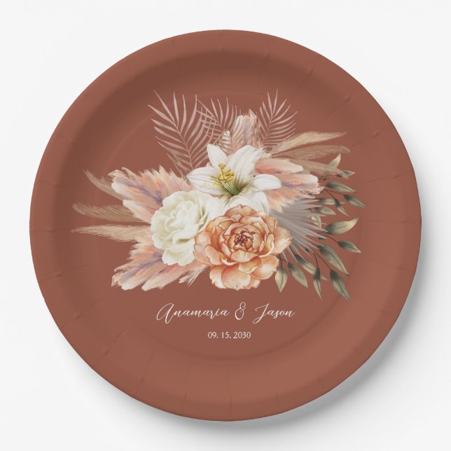 Rustic Fall Terracotta Floral Wedding Paper Plates (Front)