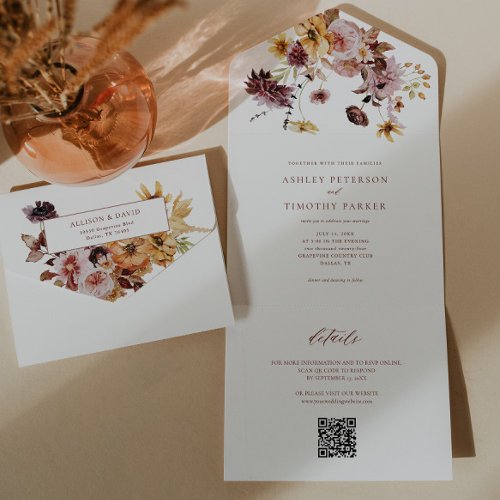 Rustic Fall Terracotta Floral Wedding QR All In One Invitation