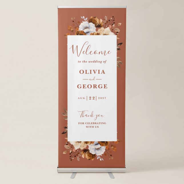 Rustic Fall Terracotta Floral Wedding Welcome Retractable Banner (Front)