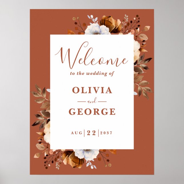 Rustic Fall Terracotta Floral Wedding Welcome Sign (Front)