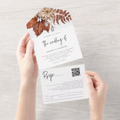 Rustic Fall Terracotta Florals QR Code Wedding   All In One Invitation