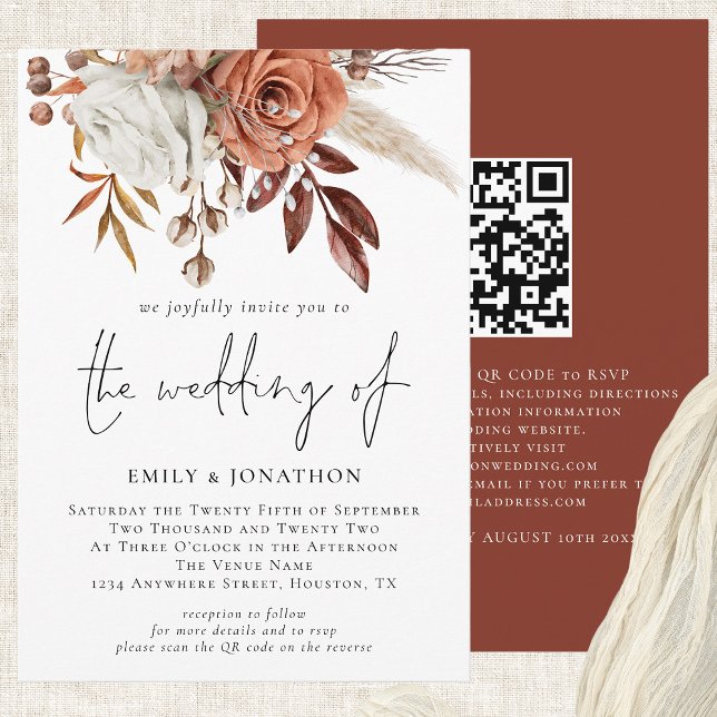 Rustic Fall Terracotta Florals QR Code Wedding Invitation (Square Corner-choose from 6 corner/edge styles & 12 paper types.)