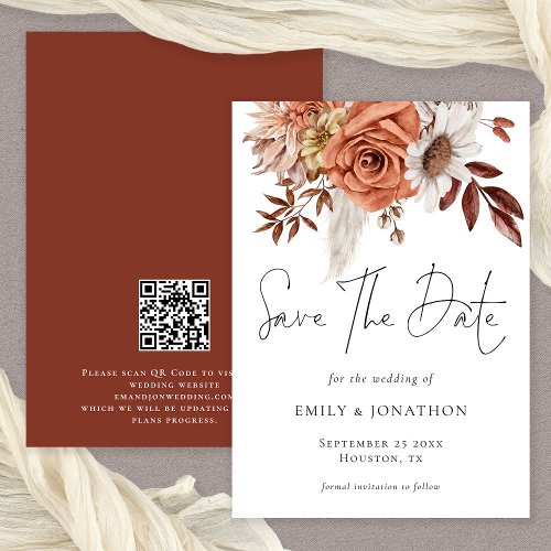 Rustic Fall Terracotta Florals QR Code Wedding Save The Date