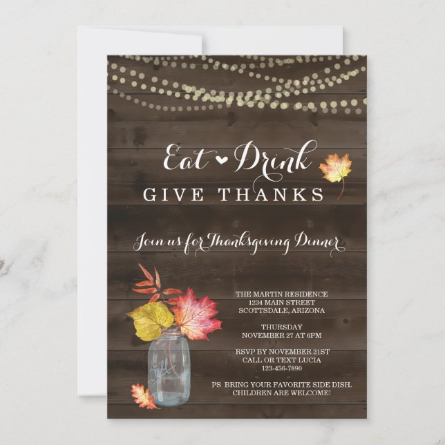 Rustic Fall Thanksgiving Dinner Party Invitation (Front)
