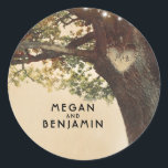 Rustic Fall Tree and String Lights Wedding Classic Round Sticker<br><div class="desc">Twinkle lights tree and carved heart rustic fall wedding stickers</div>