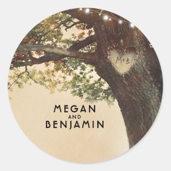 Rustic Fall Tree And String Lights Wedding Classic Round Sticker by jinaiji at Zazzle