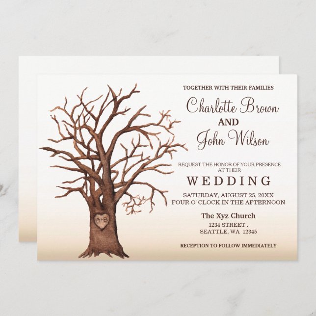 Rustic Fall Tree Carved Initial Wedding Invitation (Front/Back)