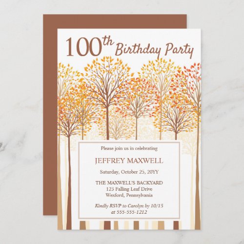 Rustic Fall Trees Terracotta 100th Birthday Party Invitation