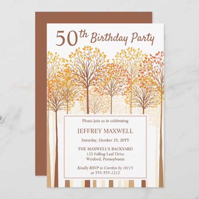 Rustic Fall Trees Terracotta 50th Birthday Party Invitation (Front/Back)