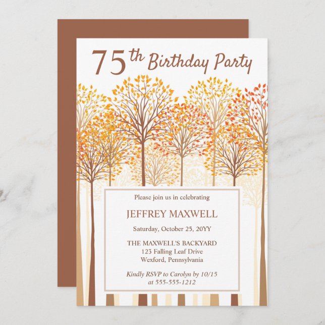 Rustic Fall Trees Terracotta 75th Birthday Party Invitation (Front/Back)