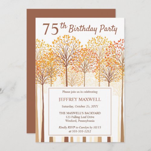 Rustic Fall Trees Terracotta 75th Birthday Party Invitation