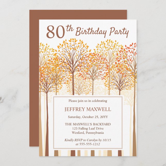 Rustic Fall Trees Terracotta 80th Birthday Party Invitation (Front/Back)