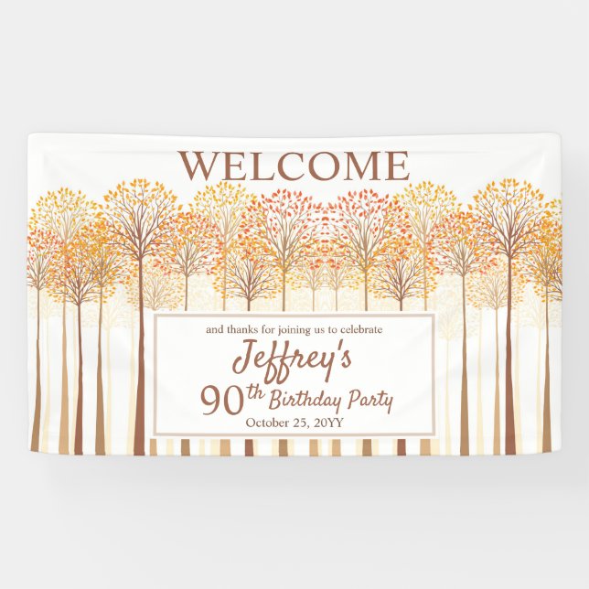 Rustic Fall Trees Terracotta 90th Birthday Party Banner (Horizontal)