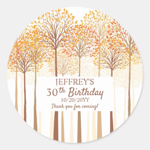 Rustic Fall Trees Terracotta Birthday Party  Classic Round Sticker