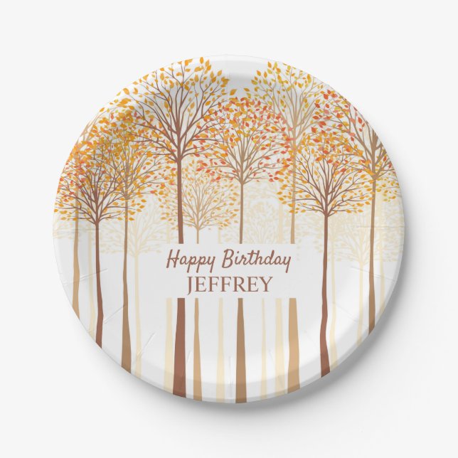 Rustic Fall Trees Terracotta Birthday Party Paper Plates (Front)