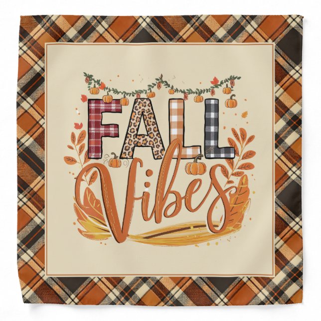 Rustic Fall Vibes Burnt Orange Plaid Print Autumn Bandana (Front)