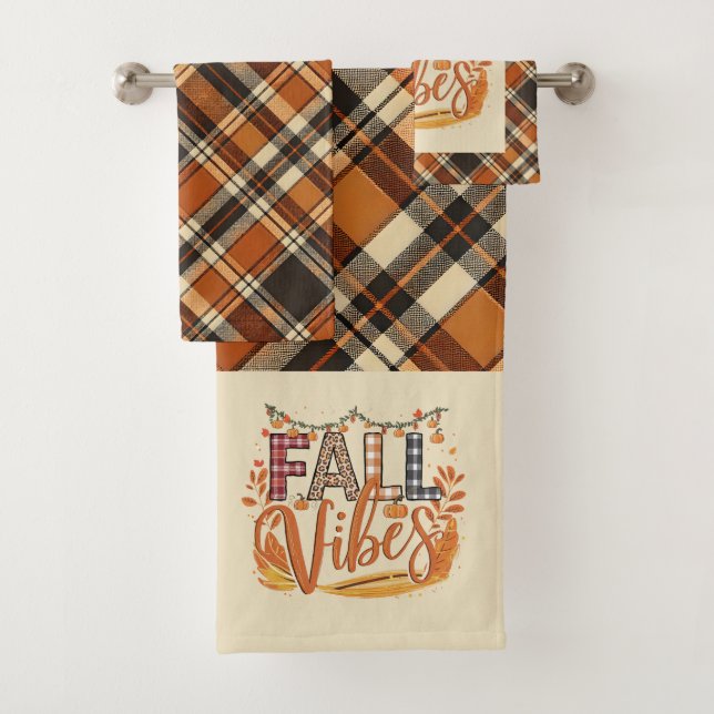 Rustic Fall Vibes Burnt Orange Plaid Print Autumn Bath Towel Set (Insitu)