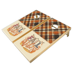 Rustic Fall Vibes Burnt Orange Plaid Print Autumn Cornhole Set