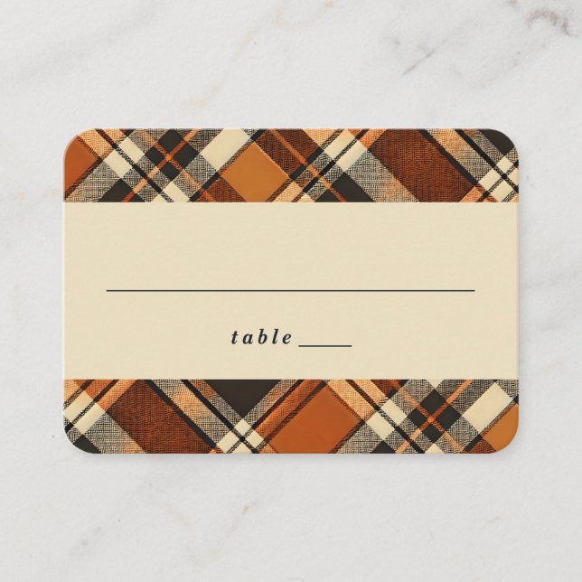 Rustic Fall Vibes Burnt Orange Plaid Print Autumn Place Card (Front)
