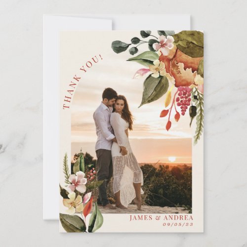 Rustic Fall Watercolor Floral Arch Wedding Photo Thank You Card