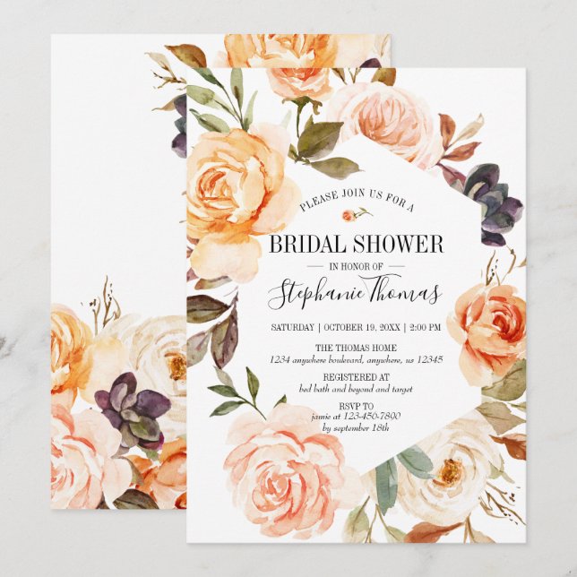 Rustic Fall Watercolor Floral Bridal Shower Invitation (Front/Back)