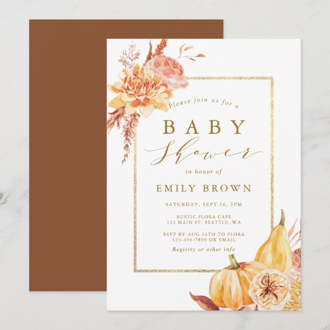 Rustic Fall Watercolor Floral Gold Baby Shower  Invitation (Front/Back)