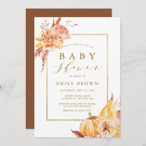 Rustic Fall Watercolor Floral Gold Baby Shower  Invitation
