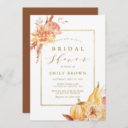 Rustic Fall Watercolor Floral Gold Bridal Shower  Invitation