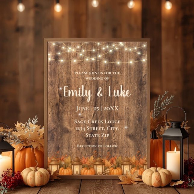 Rustic Fall Wedding Invitation with String Lights (Rustic fall wedding invitation with string lights, pumpkins, lanterns, and cozy barn charm.)