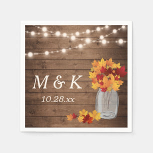 Rustic Fall Wedding Monogram String Lights Wood Napkins