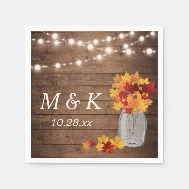 Rustic Fall Wedding Monogram String Lights Wood Napkins (Front)