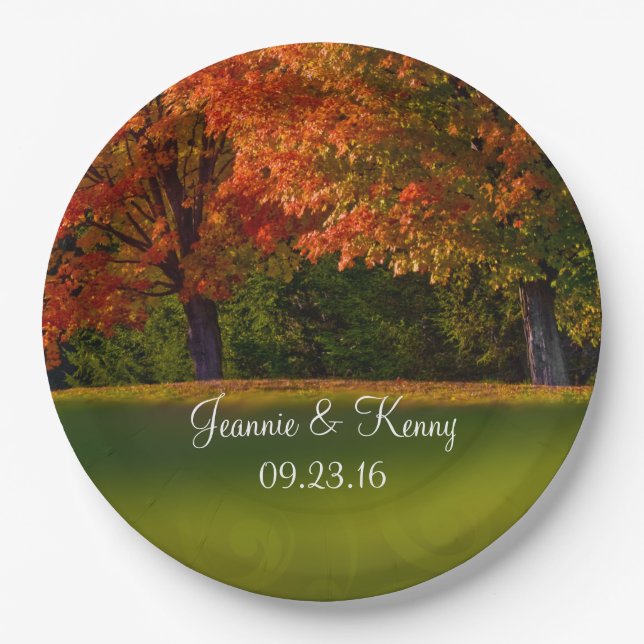 Rustic Fall Wedding Personalizable Names Date Paper Plates (Front)